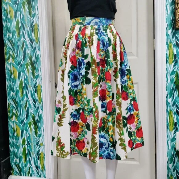 Bianca High Waisted Prairie Floral Twee Pleated A-Line Midi Skirt Multicolor M